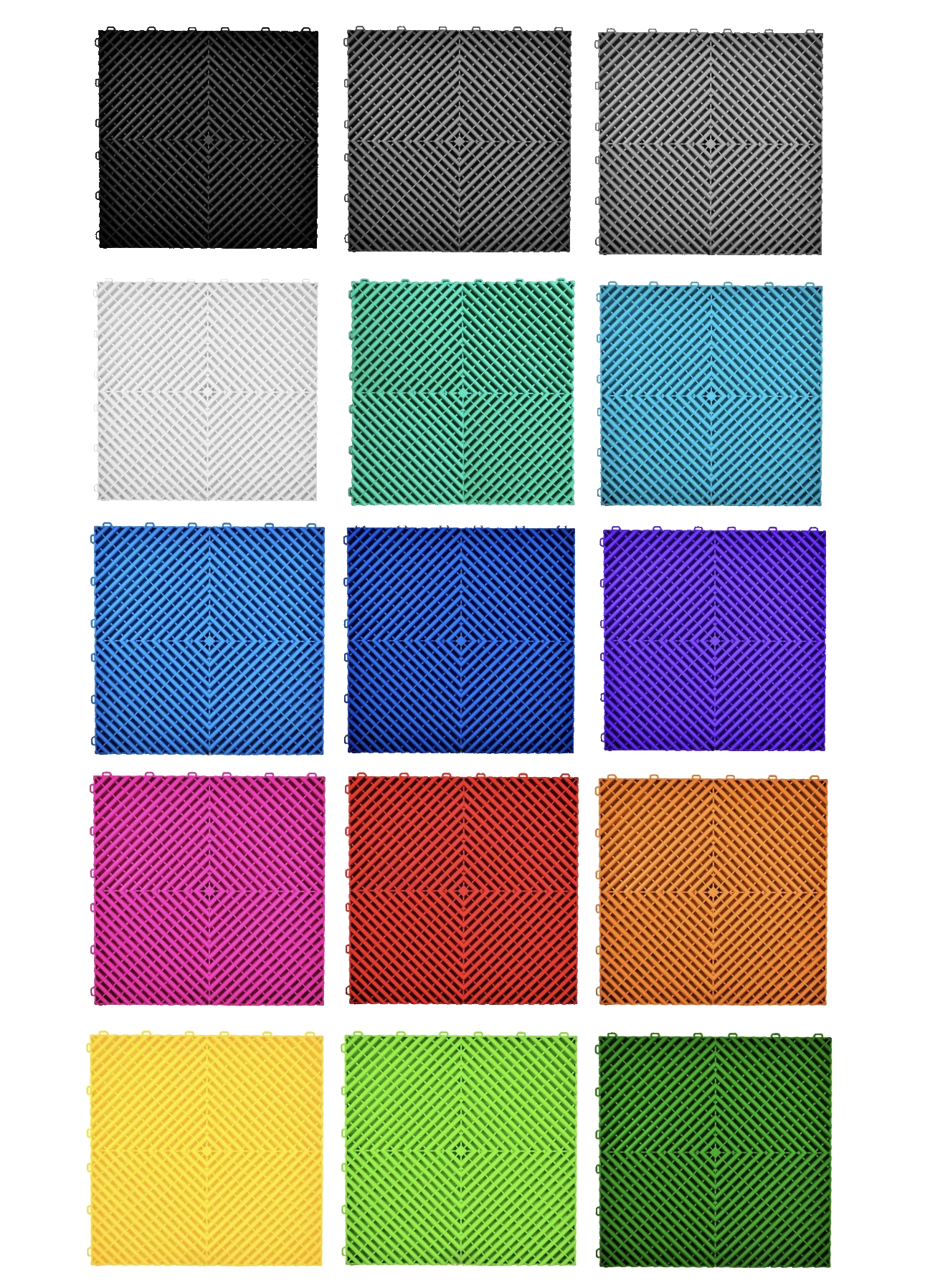 All 15 available Garage Pro tile colours shown as product swatches