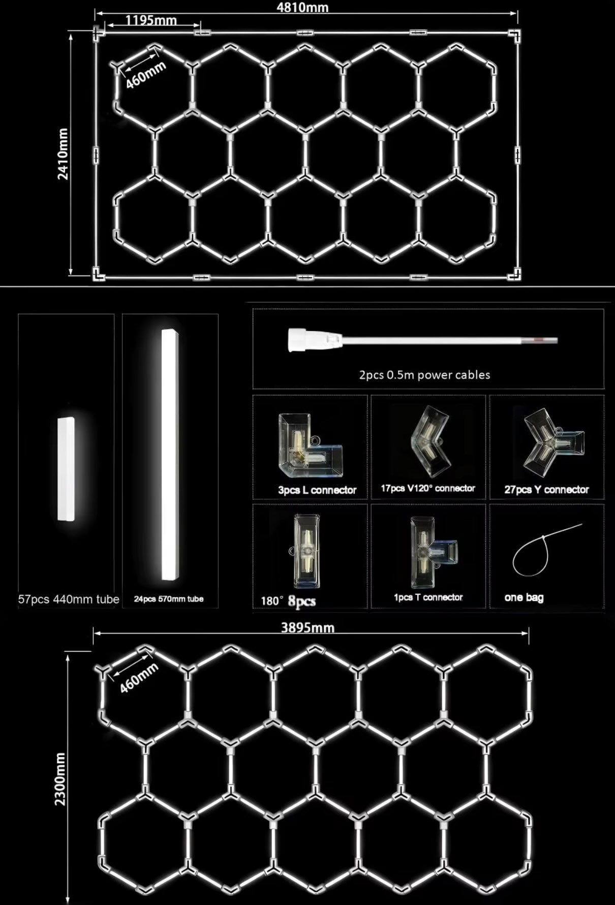 Hex light set dimensions and components diagram